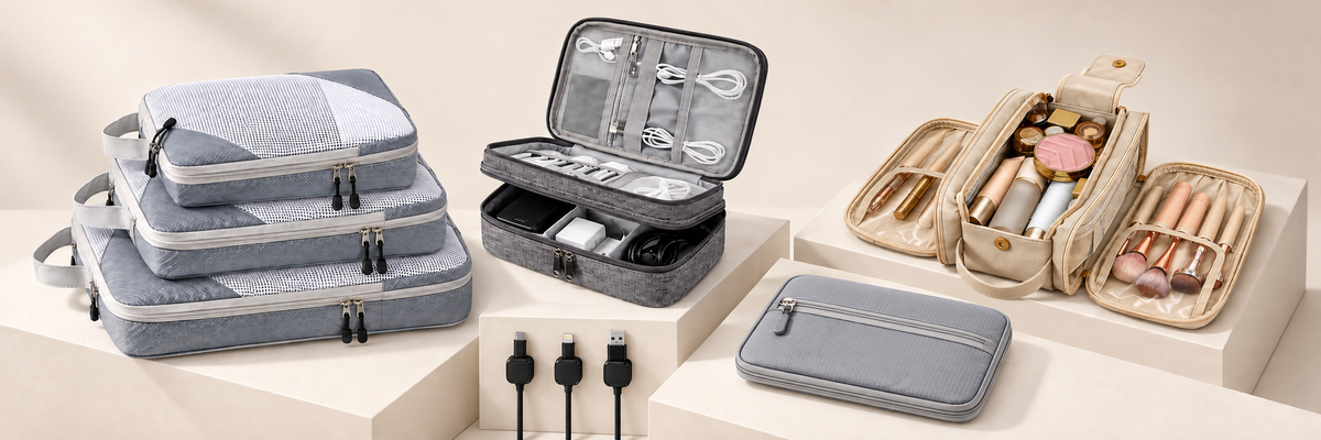Fondera travel and work organizers on ivory display platforms